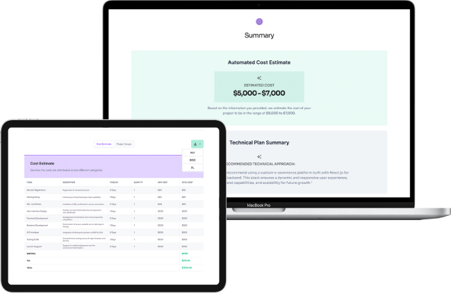 Projectmaven dashboard showing automated cost estimates and detailed technical plans on laptop and tablet